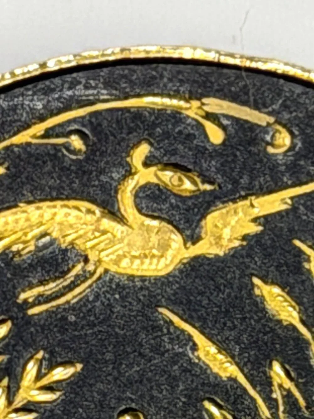 Vintage Damascene Brooch Black Crane Water Cattails Trombone Clasp